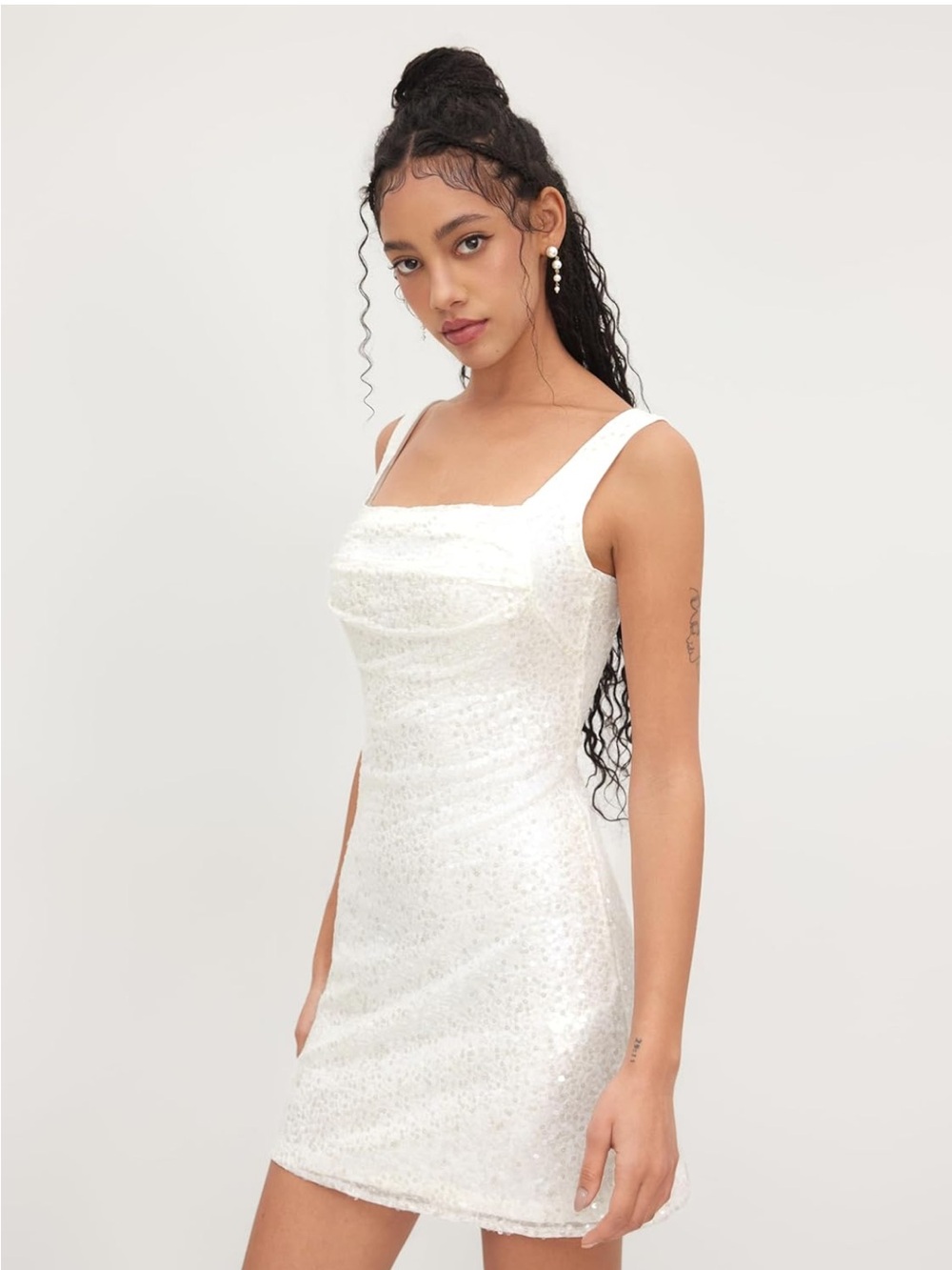 Cider White Sequin Square-Neck Mini Dress